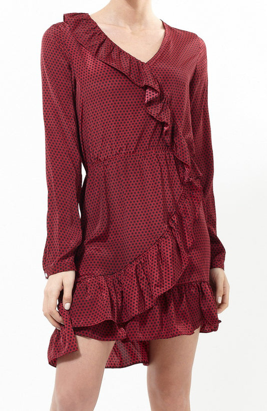 Polka Dot Print Ruffle Detail Wrap Dress