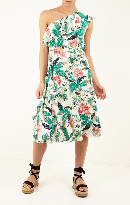 Tasmine Tropical Print One Shoulder Midi Dress