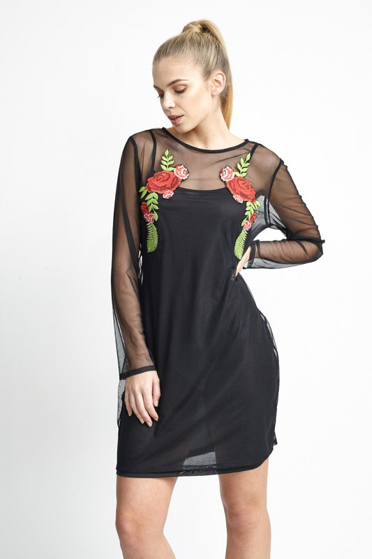 Black Sheer Mesh Rose Embroidery Dress