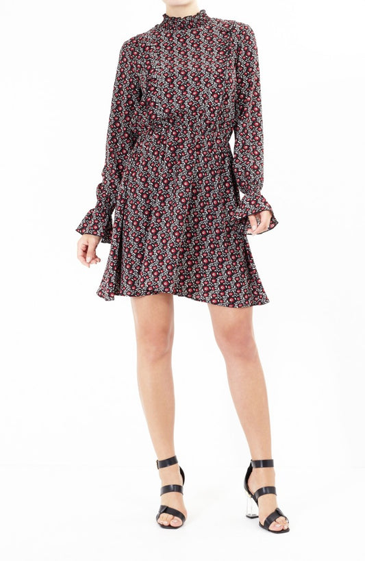 Retro Floral Print Ruffle Detail Dress
