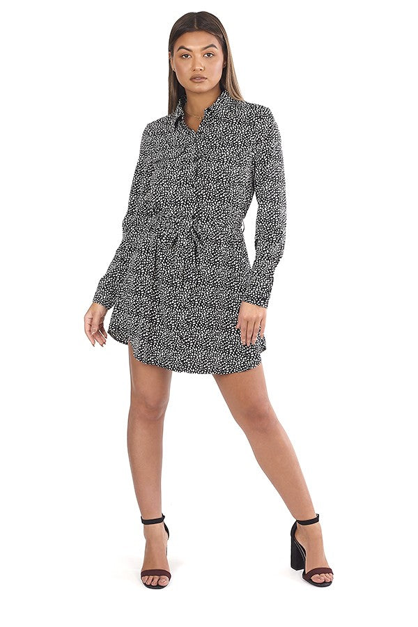 Speck Printed Belted Mini Shirt Dress