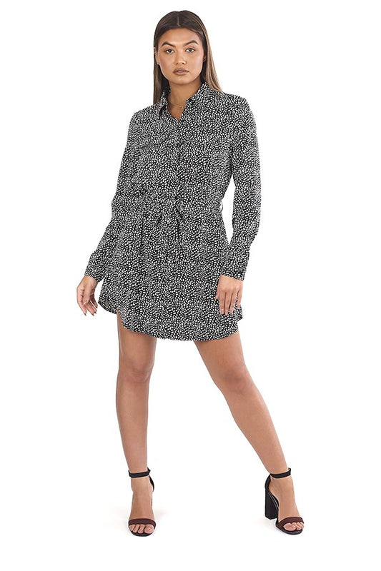 Speck Printed Belted Mini Shirt Dress