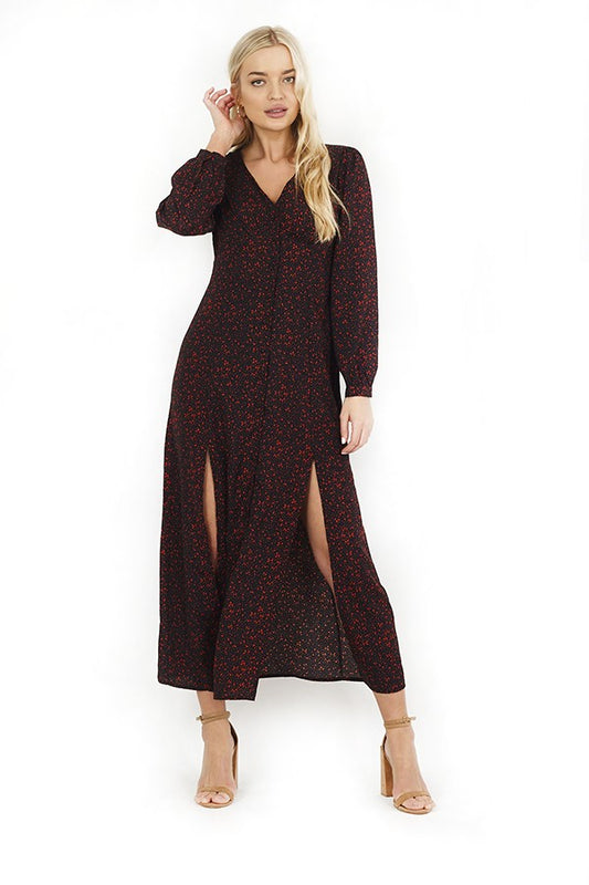 Printed Button Through Split Detail Maxi Dress