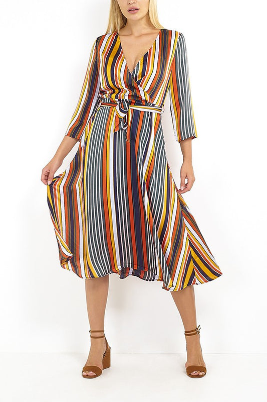 Multicolour Striped Midi Wrap Dress