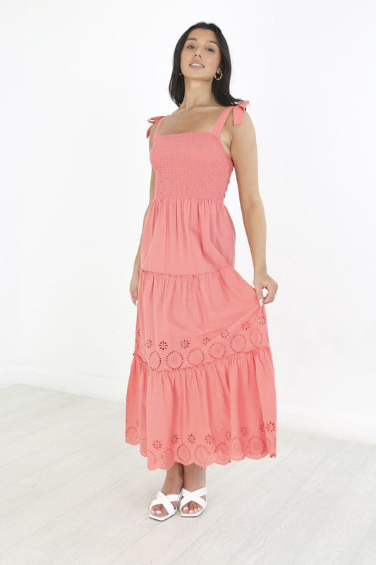 Broderie Anglaise Detail Shirred Body Maxi Dress