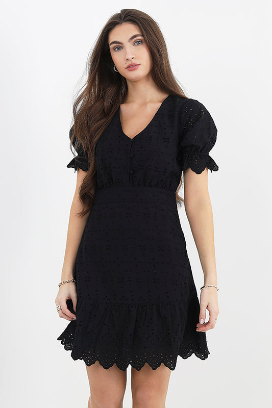Black Broderie V-Neck Frilly Puff Sleeve Dress