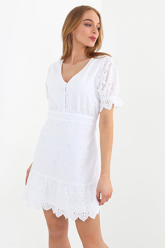 White Broderie V Neck Frilly Mini Dress