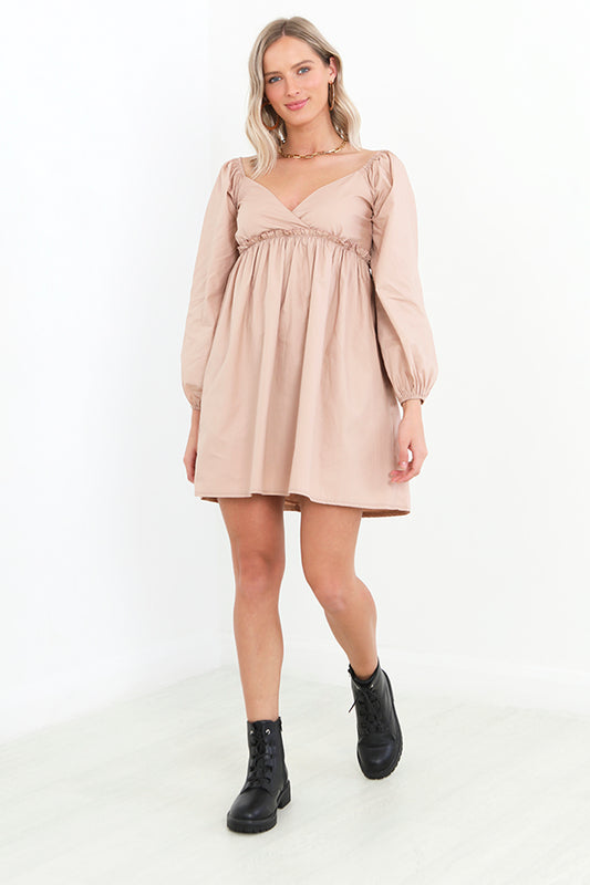 Beige Wrap Detail Long Puff Sleeve Mini Smock Dress