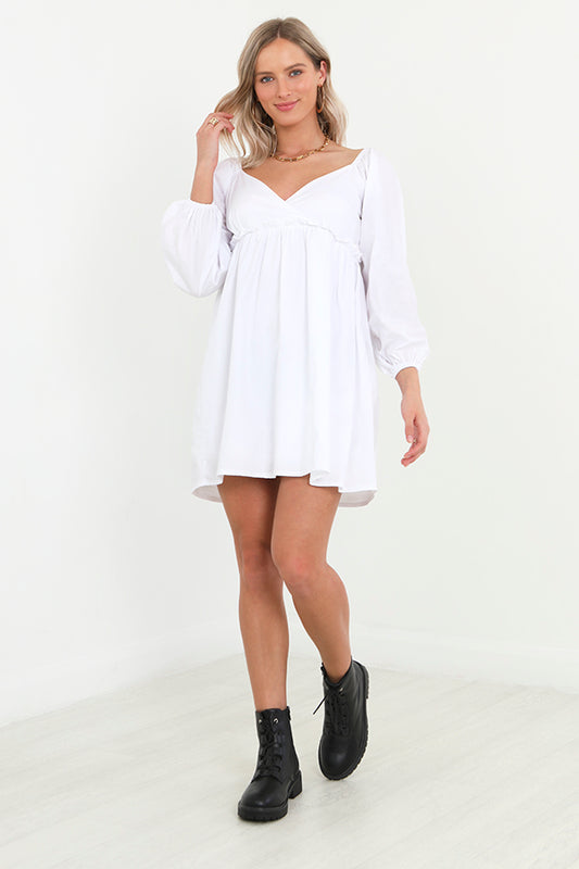 White Wrap Detail Long Puff Sleeve Mini Smock Dress