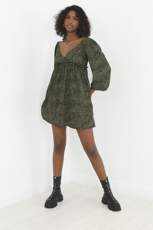 Green And Black Speck Printed Long Sleeve Smock Dress