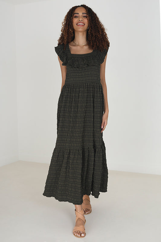 Khaki Checked Tie Back Frill Maxi Dress