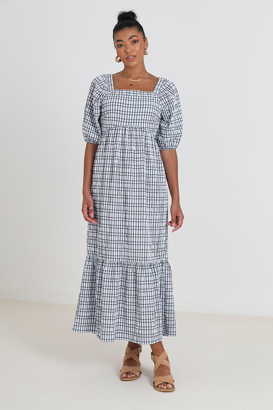 Checked Seersucker Maxi Dress With Tie Detail