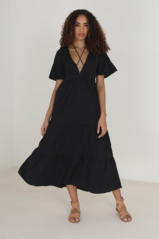 Black Cross Neck Tiered Hem Maxi Dress