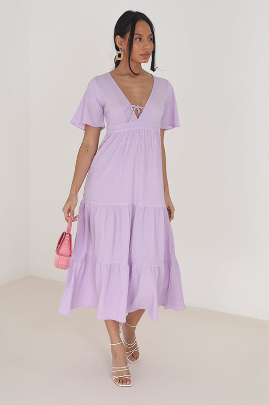 Lilac V-Front Open Back Tiered Dress