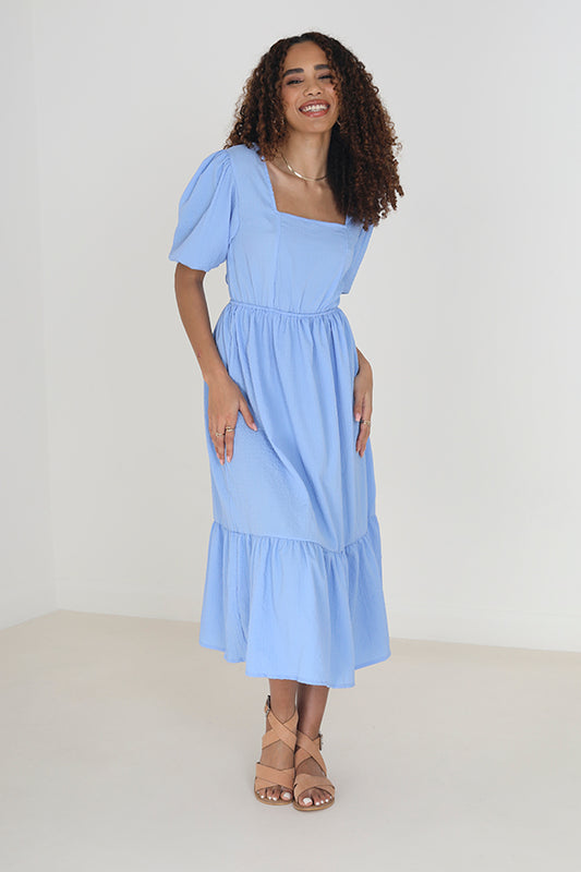 Solid Blue Square Neck Tie Back Maxi Dress