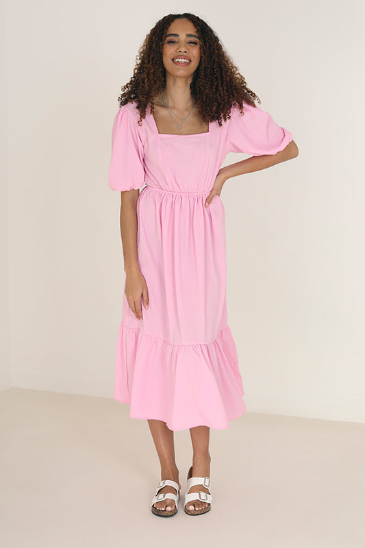 Pink Square Neck Tie Back Maxi Dress
