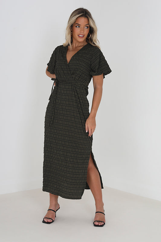 Khaki/Black V-Neck Tie Back Midi Dress
