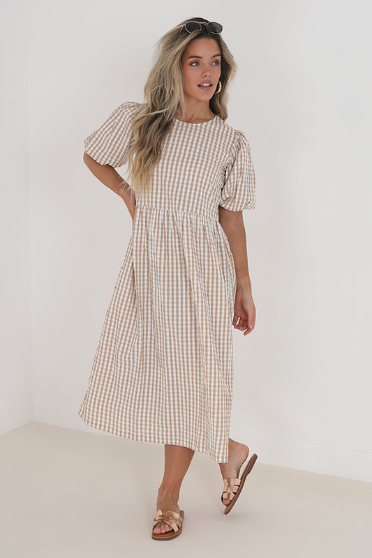 Beige Gingham Print Midi Length Woven Dress