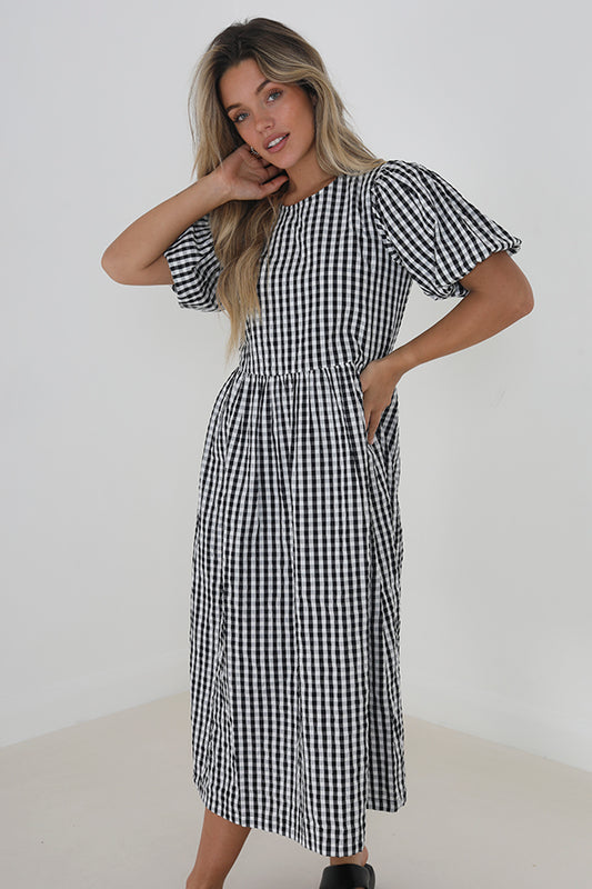 Black Gingham Print Midi Length Woven Dress