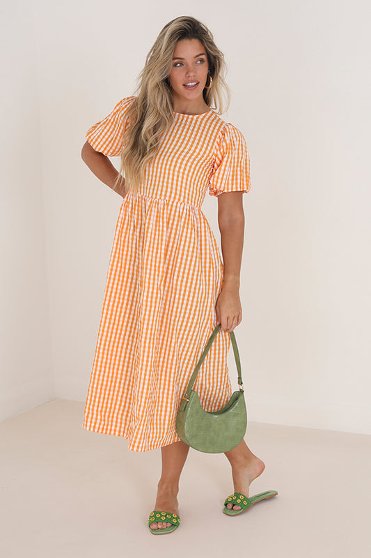 Orange Gingham Print Midi Length Woven Dress