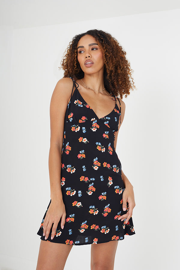 Flower Print Flare Mini Dress With Tie Straps