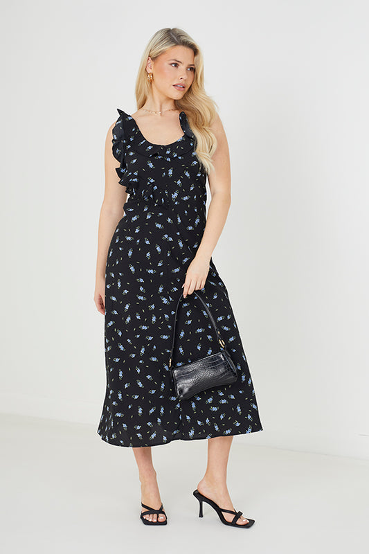 Floral Print Tie Strap Maxi Dress With Frill At Bust