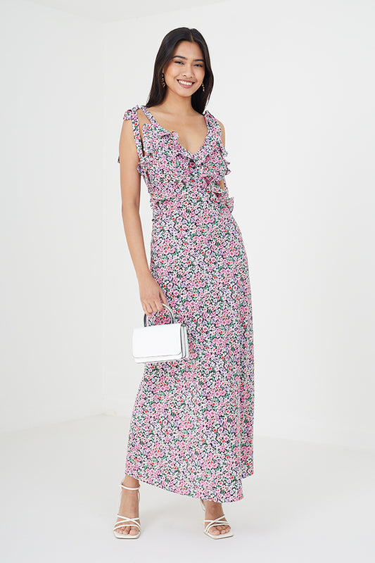 Floral Print Tie Strap Maxi Dress With Frill At Bust