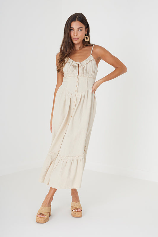 Front Button Through Corsetted Bust With Frill Hem Midi Dress
