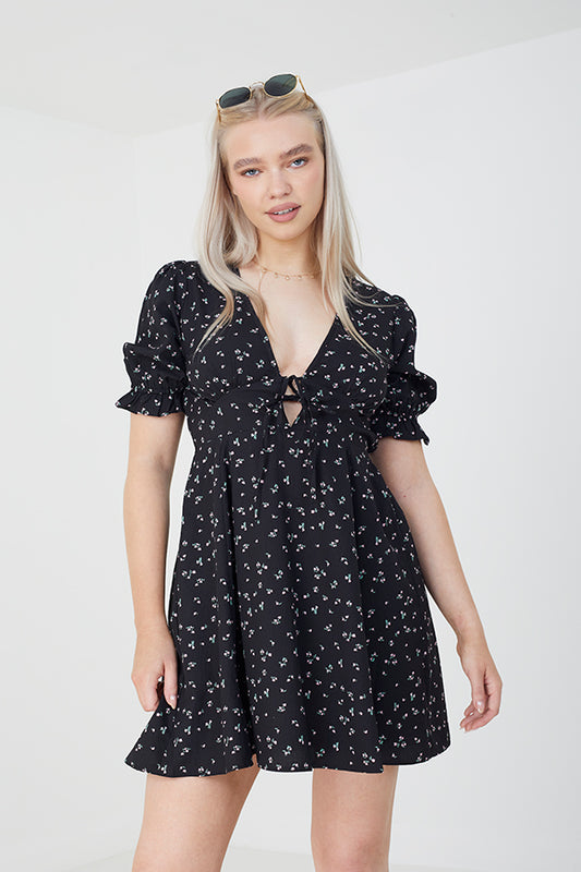 Floral Print V-Neck Elasticated Short Sleeves Dress