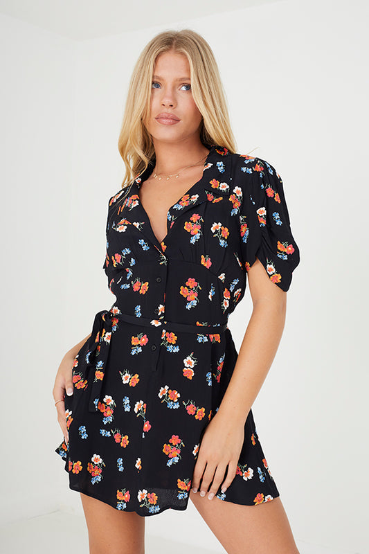 V-Neck Button Down Dress With Tie Waist