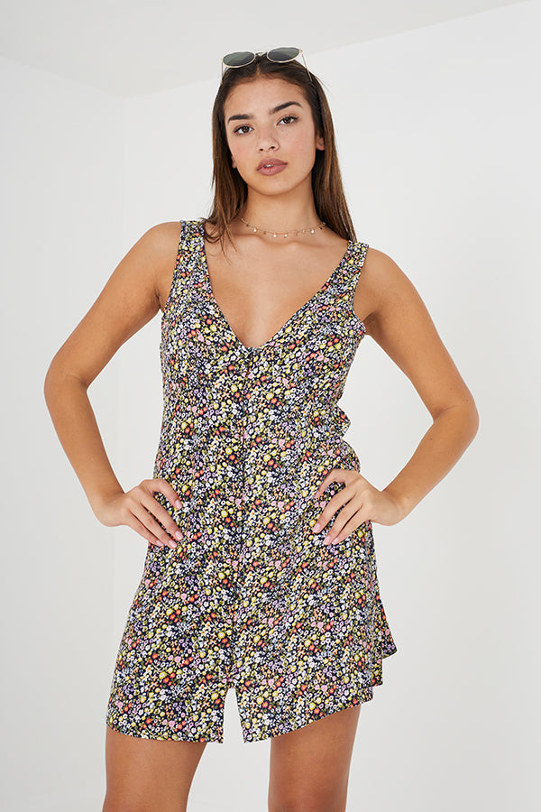Sleevless V-Neck Button Down Printed Mini Dress
