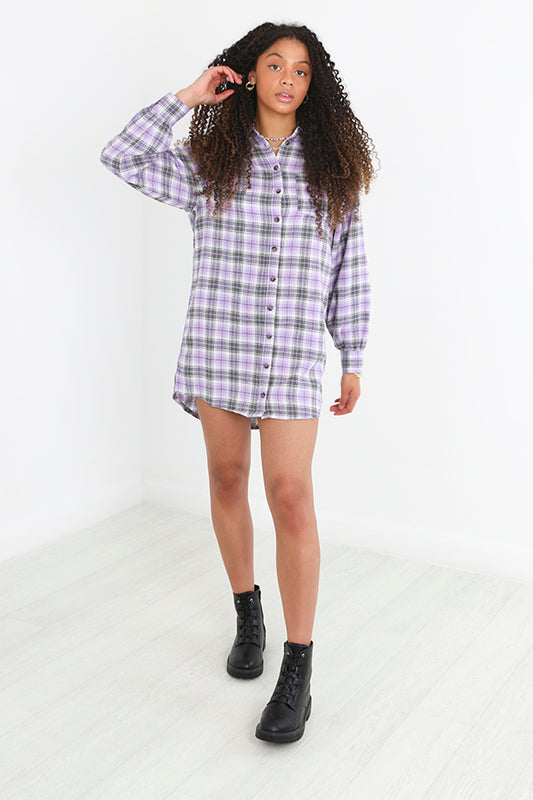 Grey And Lilac Checkered Short Flannel Shirt Dress