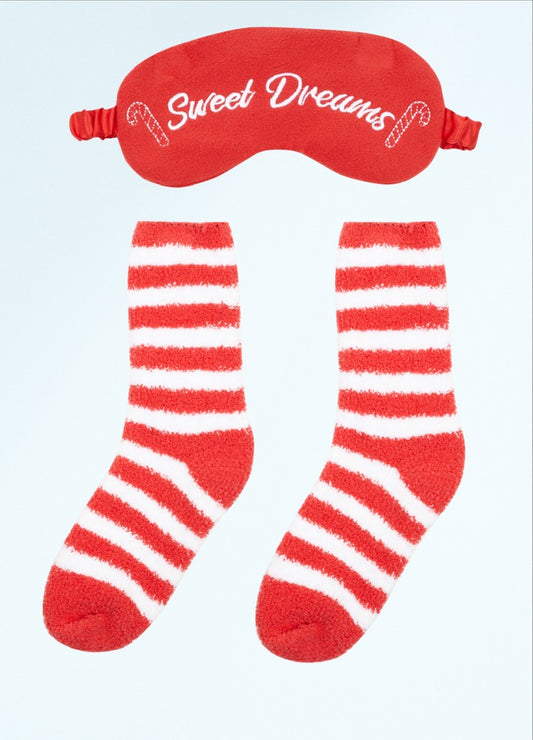 Candycane Striped Fluffy Socks & Eyemask Set