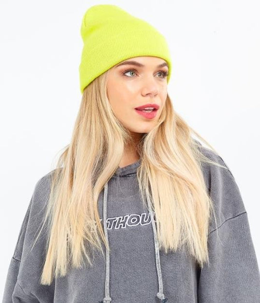 Neon Yellow Knitted Beanie Hat