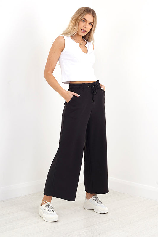 Black Wide Crop Leg Jogging Bottoms