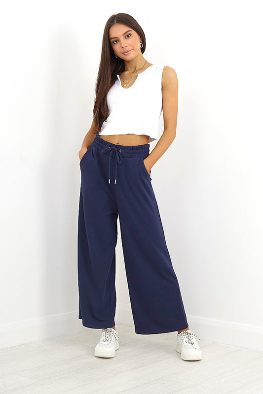 Navy Wide Crop Leg Jogging Bottoms