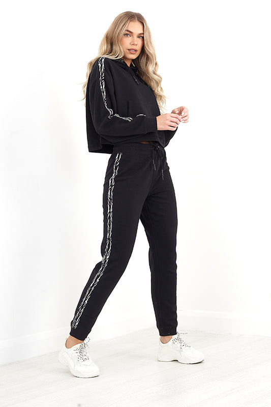 Zebra Stripe Detail Black Drawstring Jogging Bottoms