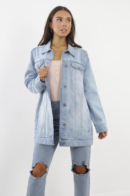 Bleach Wash Longline Button Through Denim Jacket