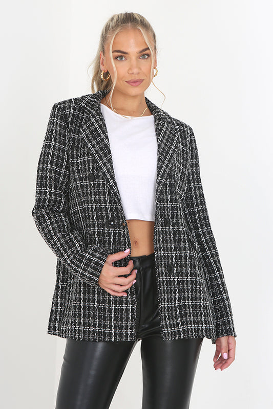 Black With White Check Military Style Blazer