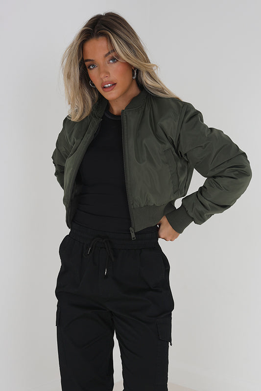 Khaki Zip Through Cropped Bomber Style Jacket