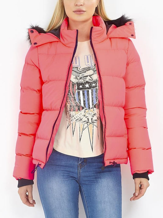 Fluro Pink Contrast Trim Padded Puffer Jacket