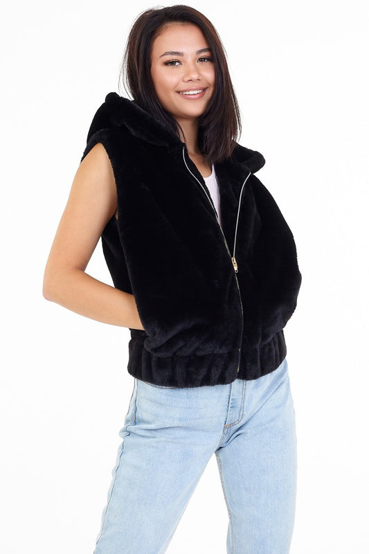 Faux Fur Zip Through Hooded Gilet