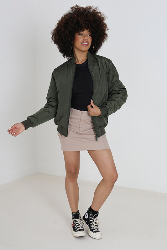 Khaki Ruched Sleeve Oversized Bomber Jacket