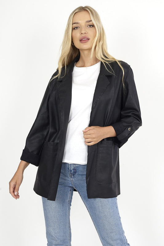Black Faux Suede Turn Up Sleeve Blazer