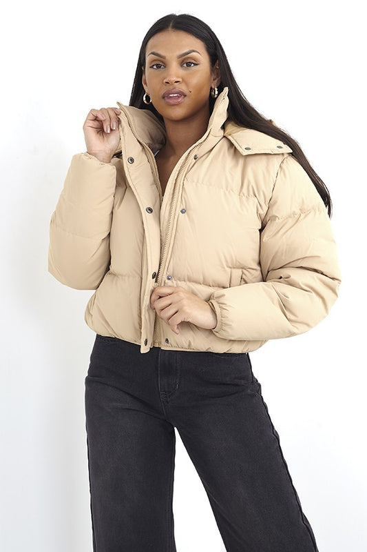 Camel Oversized Short Hooded Puffer Jacket