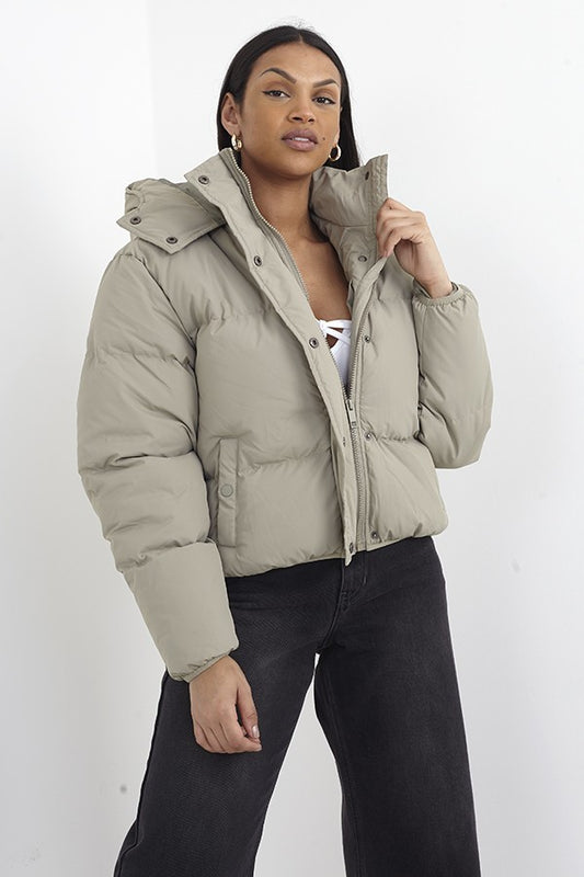 Dusky Sage Oversized Short Hooded Puffer Jacket
