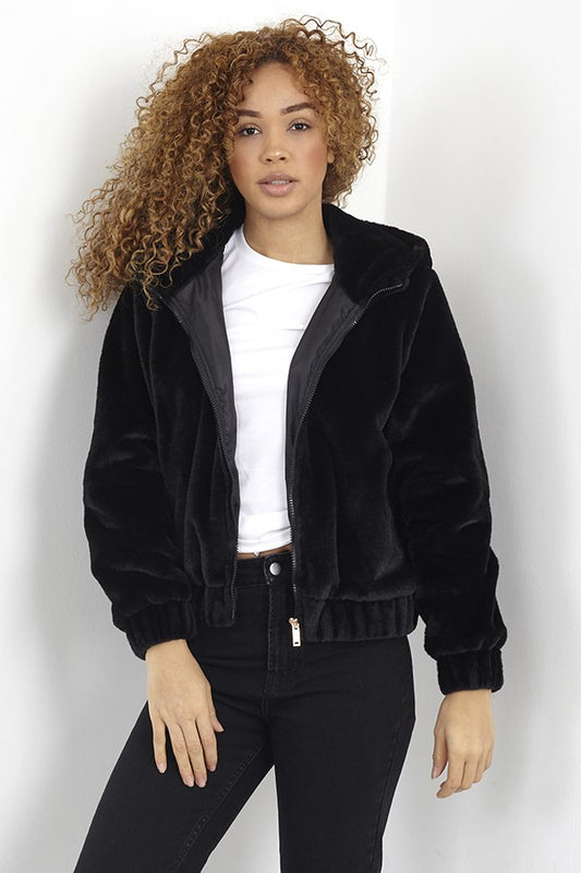 Black Faux Fur Short Hooded Jacket