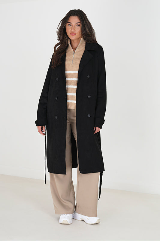 Faux Suede Double Breasted Trench Coat