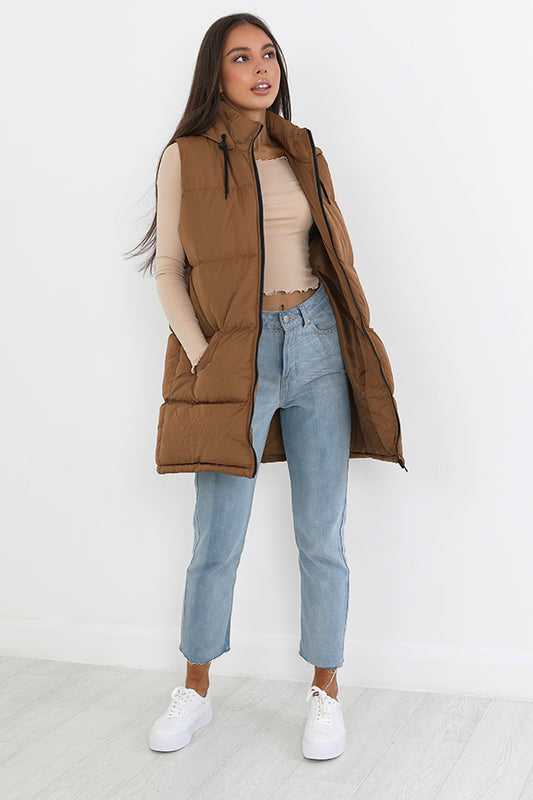 Toffee Longer Length Hooded Puffer Gilet