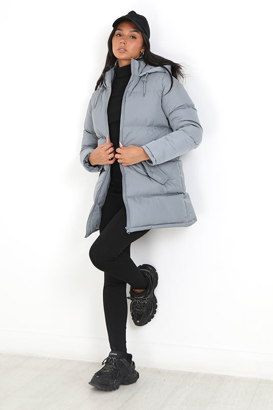 Dusty Blue Zip Through Longer Length Padded Jacket